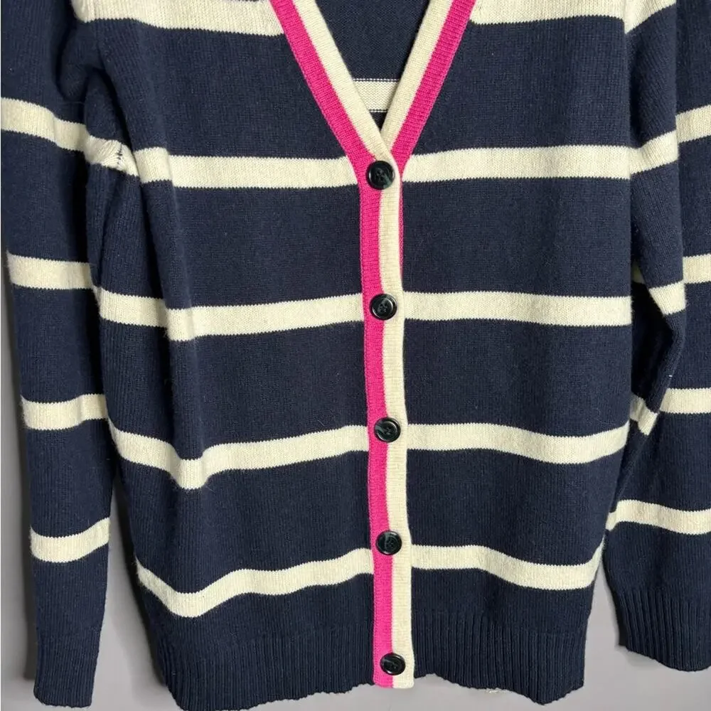 Sundry Navy White Striped Cardigan Pink Detail Large